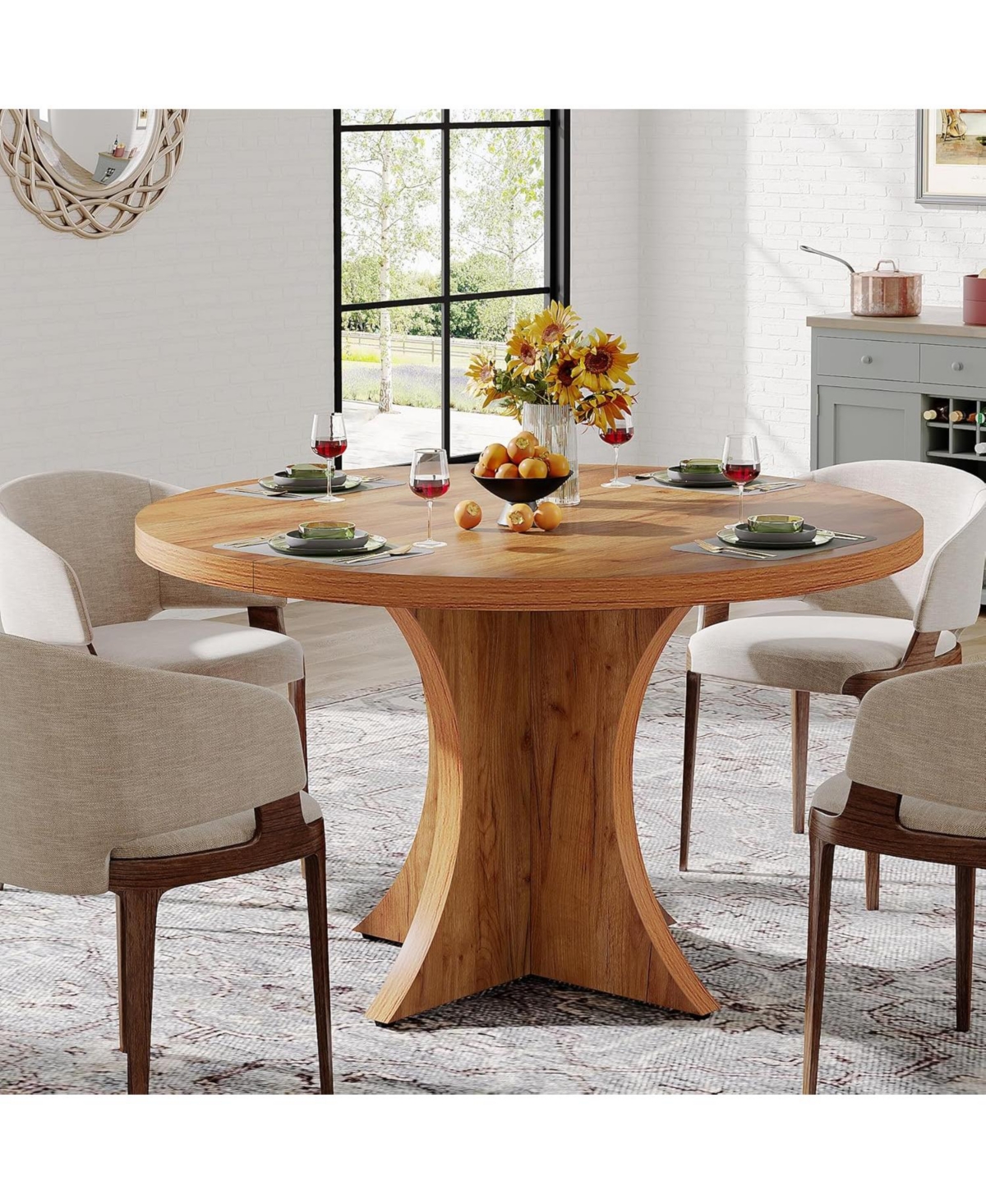 Tribesigns Round Dining Table for 4-6, 47.24-Inch Farmhouse Kitchen Table, Wood Dining Table with Pedestal Base, Dinner Table for Dining Room,Li