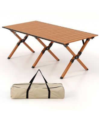 Folding Aluminum Camping Table with Carry Bag Roll-Up Picnic Table with Wood Grain