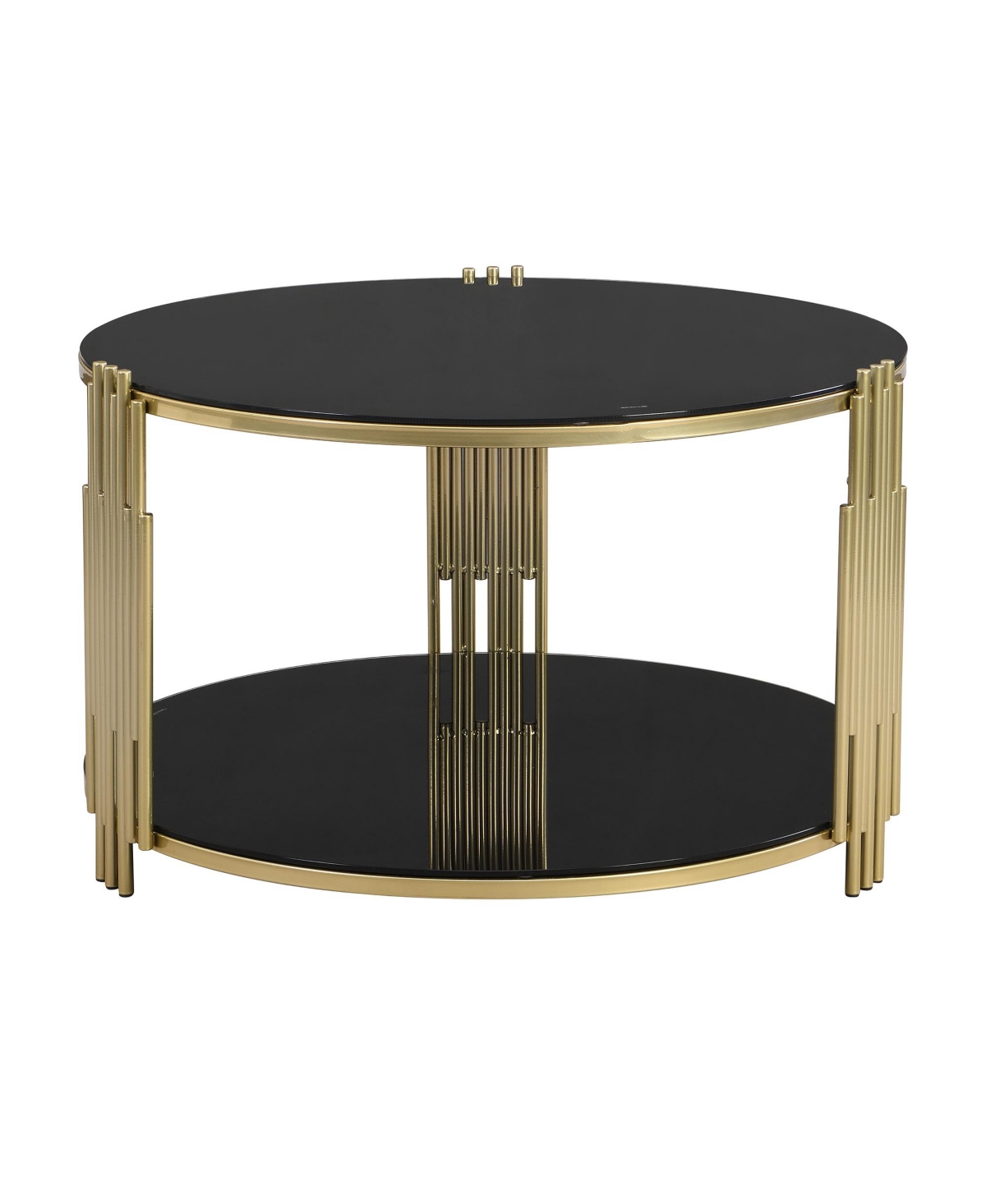 Streamdale Modern Glass Coffee Table 31.5", Asymmetrical Metal, Circular Metal Drum Base, Gold Finish & Lower Shelf