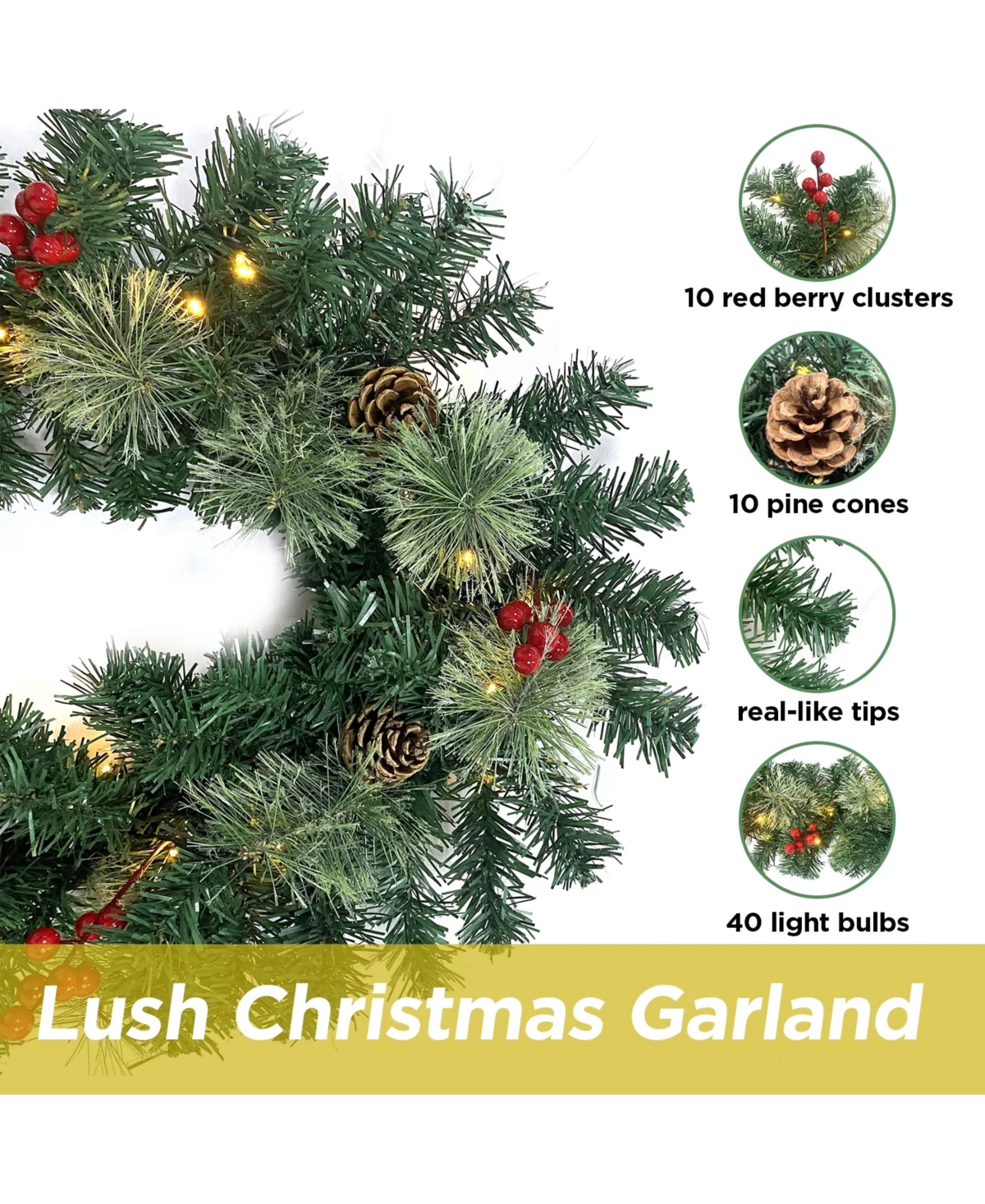 Cowin Christmas Garland with 40 Light and Pine Cones Berry Clusters