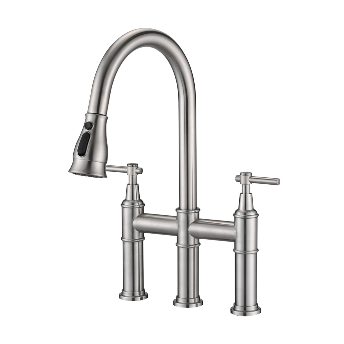 Double Handle Bridge Kitchen Faucet With Pull-Down Spray Head - Brushed nickel