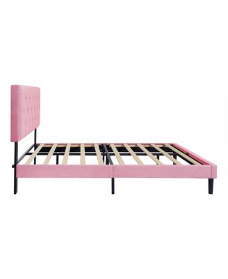 Modern Tufted Linen Platform Bed Frame with Slat Support, Pink