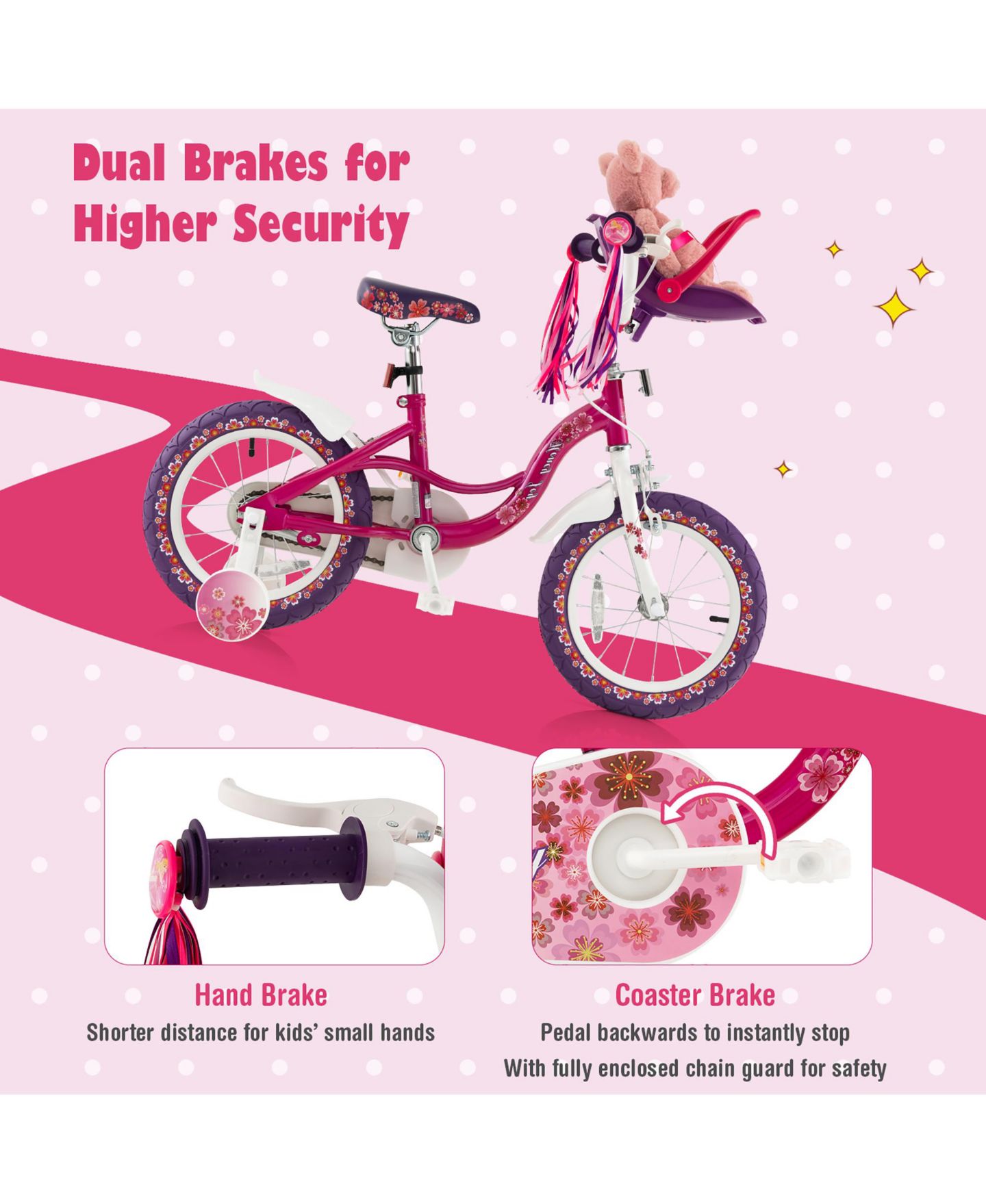 Детская игрушка Costway 14" Kids Girls Bicycle with Training Wheels, Detachable Doll Seat & Adjustable Handlebar, 3–5 лет, цвет: Розовый — фото 5