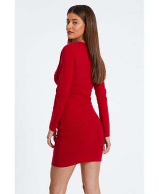Women's Knit Diamante Trim tie Neck Long Sleeve Mini Sweater Dress
