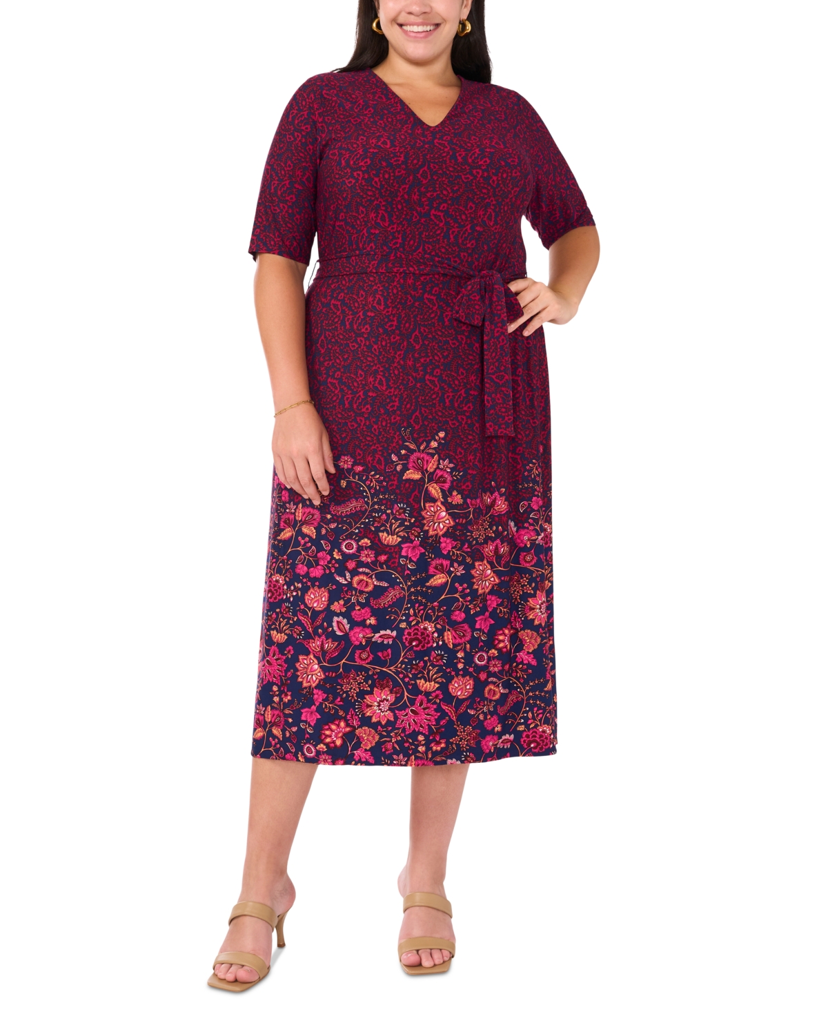 Plus Size Printed V-Neck Tie-Waist Short-Sleeve Dress - Berry Navy