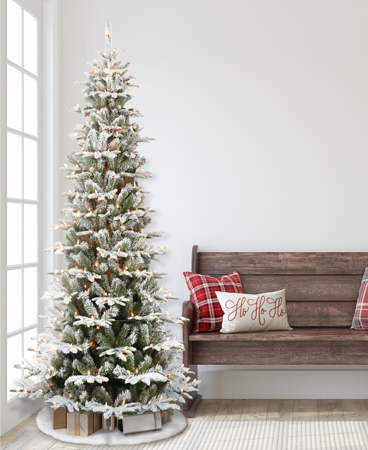 Puleo International 7.5 ft. Pre-Lit Slim Flocked Aspen Fir Artificial Christmas Tree with 450 Ul Clear Lights
