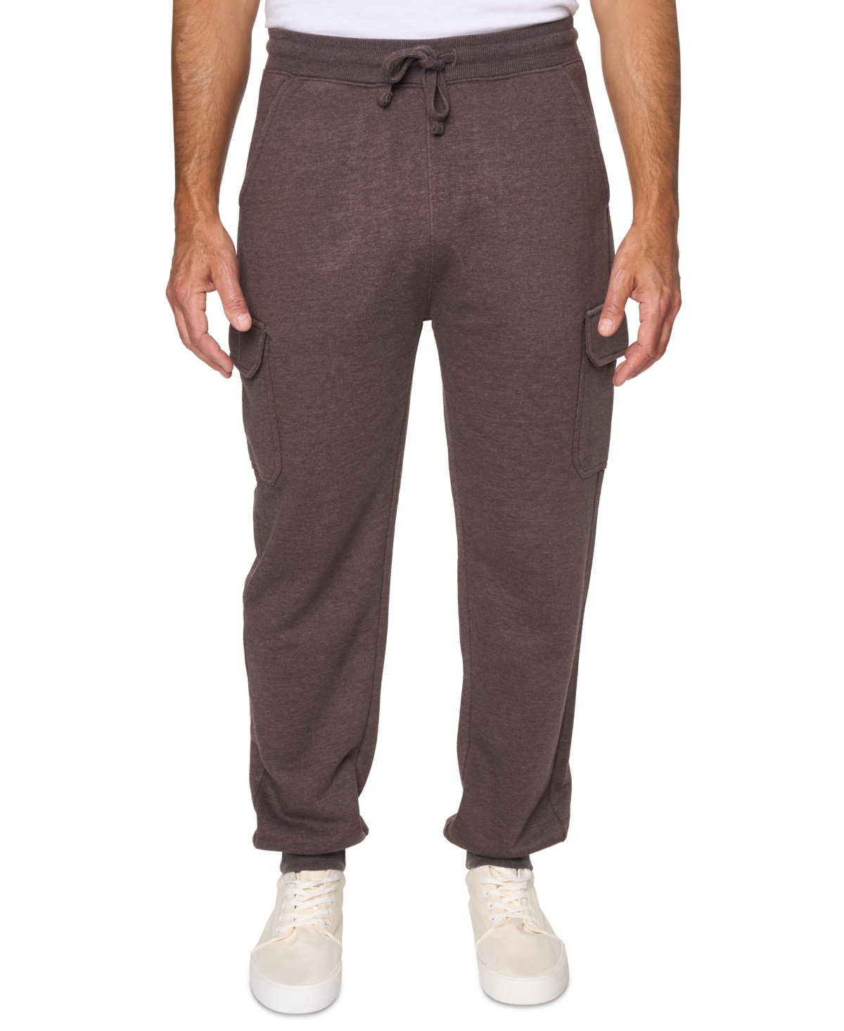 Men's Relaxed Fit Drawstring Burnout Fleece Cargo Jogger Pants - Seal Brown
