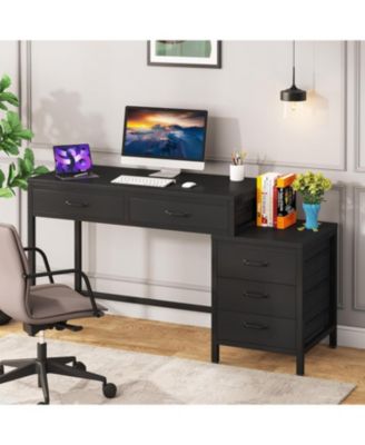Computer Desk with 5 Drawers, Home Office Desks with Reversible Drawer Cabinet Printer Stand, Rustic Study Writing Table Workstation