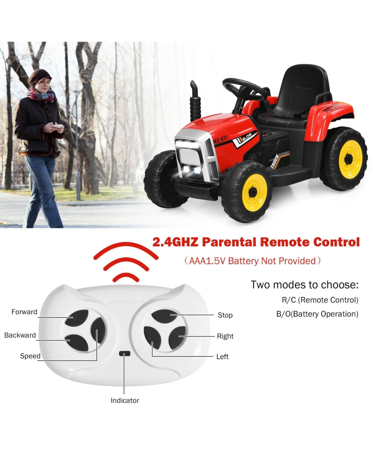 Sugift 12V Ride on Tractor with 3-Gear-Shift Ground Loader for Kids 3+ Years Old