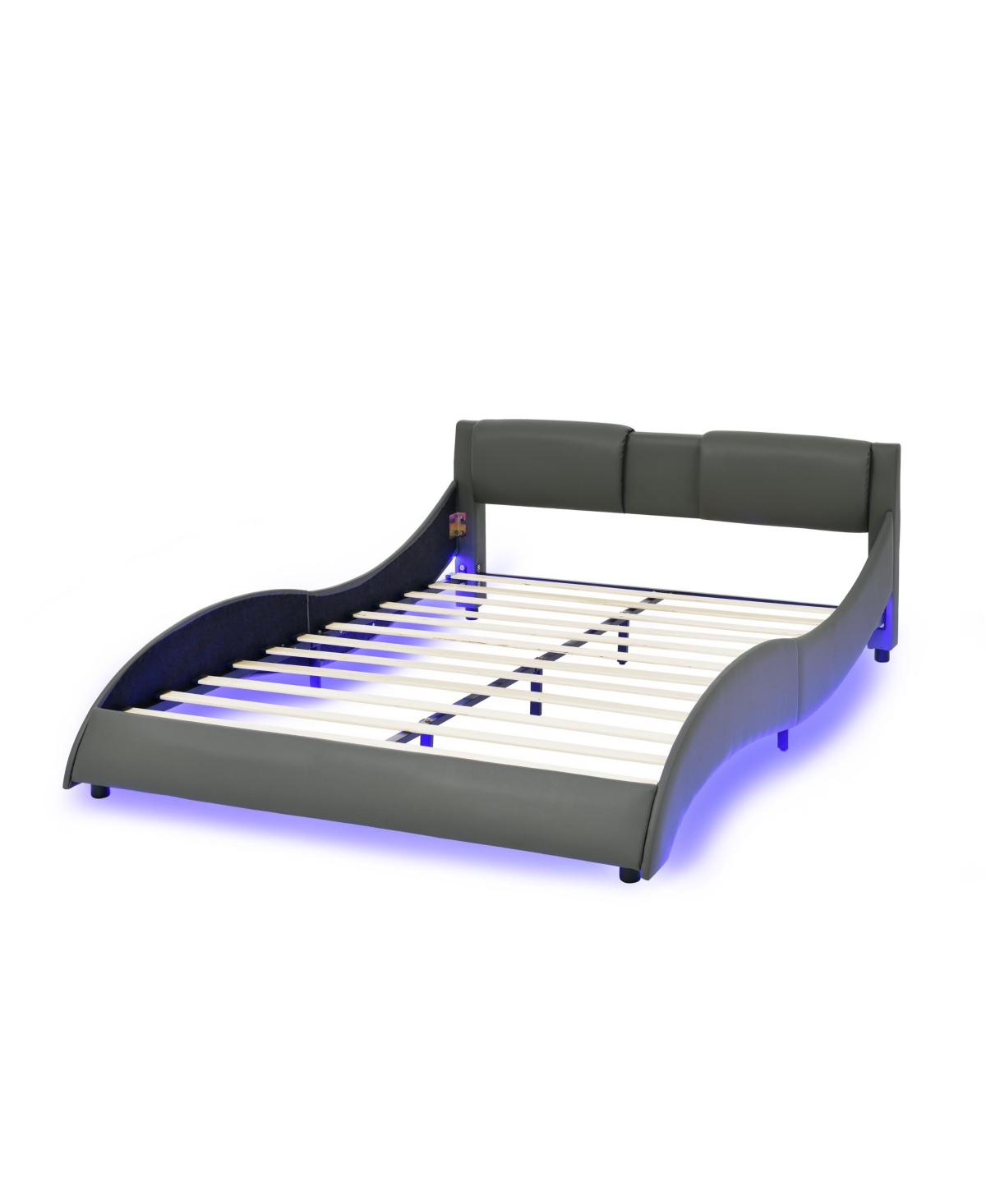 Streamdale Furniture Queen Faux Leather Rgb Led Bed Frame with Curved Headboard