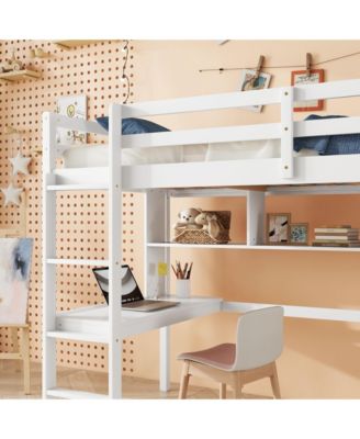 Twin Loft Bed with Desk, Bookcase, and Guardrails in White