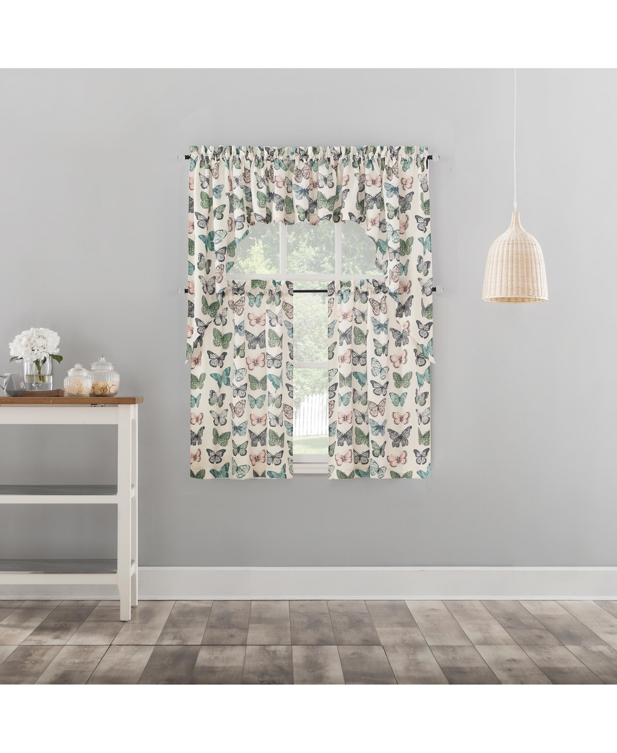Magdalena Butterfly Print Sheer Rod Pocket Kitchen Curtain Tier Pair