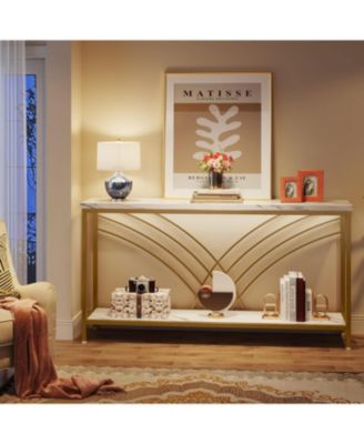 70.9 inch Extra Long Console Table, Faux Marble Entryway Table with 2 Tier Storage Shelf, Narrow Sofa Table Behind Couch, Modern Hallway Accent Table for Living Room