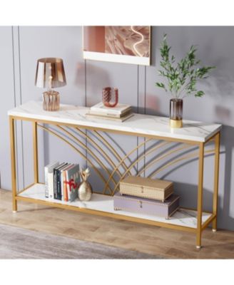 70.9 inch Extra Long Console Table, Faux Marble Entryway Table with 2 Tier Storage Shelf, Narrow Sofa Table Behind Couch, Modern Hallway Accent Table for Living Room