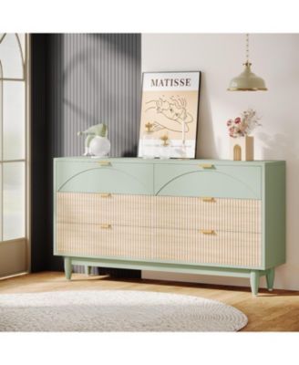6-Drawer Dresser for Bedroom: 55 Inches Modern Chest of Drawers with Gold Metal Handles, Green Long Double Dresser Organizer Wood Cabinet for Bedroom, Closet, Living Room