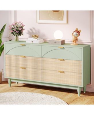 6-Drawer Dresser for Bedroom: 55 Inches Modern Chest of Drawers with Gold Metal Handles, Green Long Double Dresser Organizer Wood Cabinet for Bedroom, Closet, Living Room
