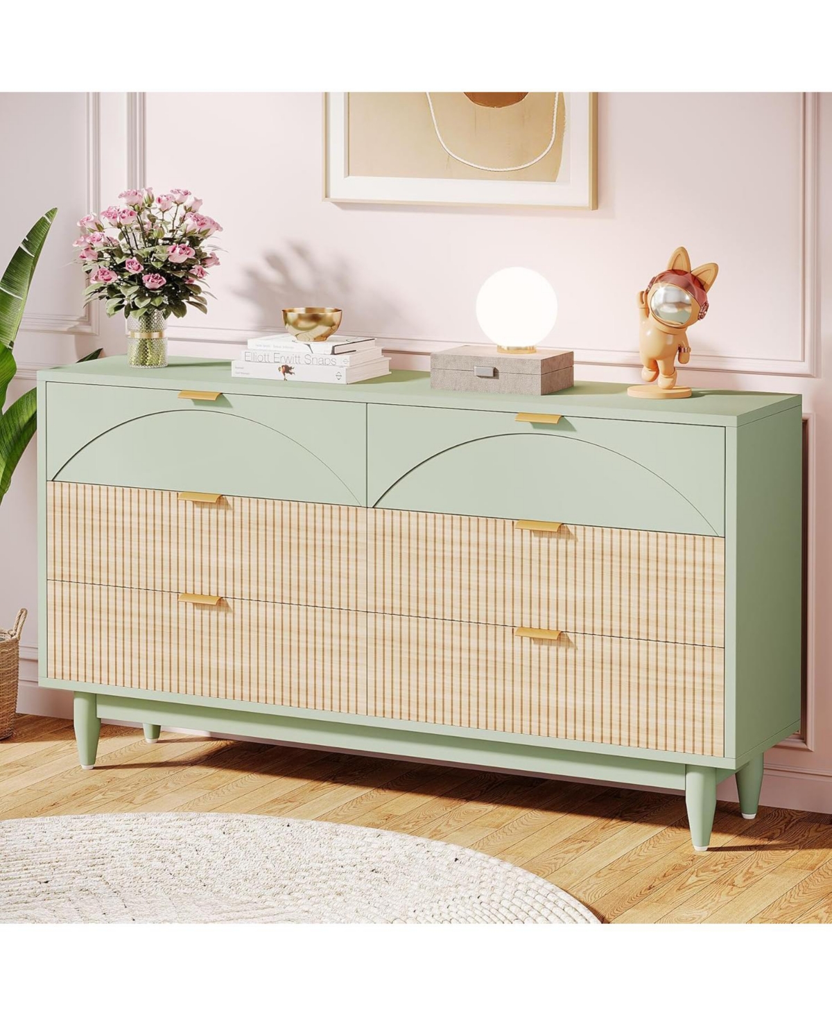 Tribesigns 6-Drawer Dresser for Bedroom: Inches Modern Chest of Drawers with Gold Metal Handles, Green Long Double Dresser Organizer Wood Cabinet f