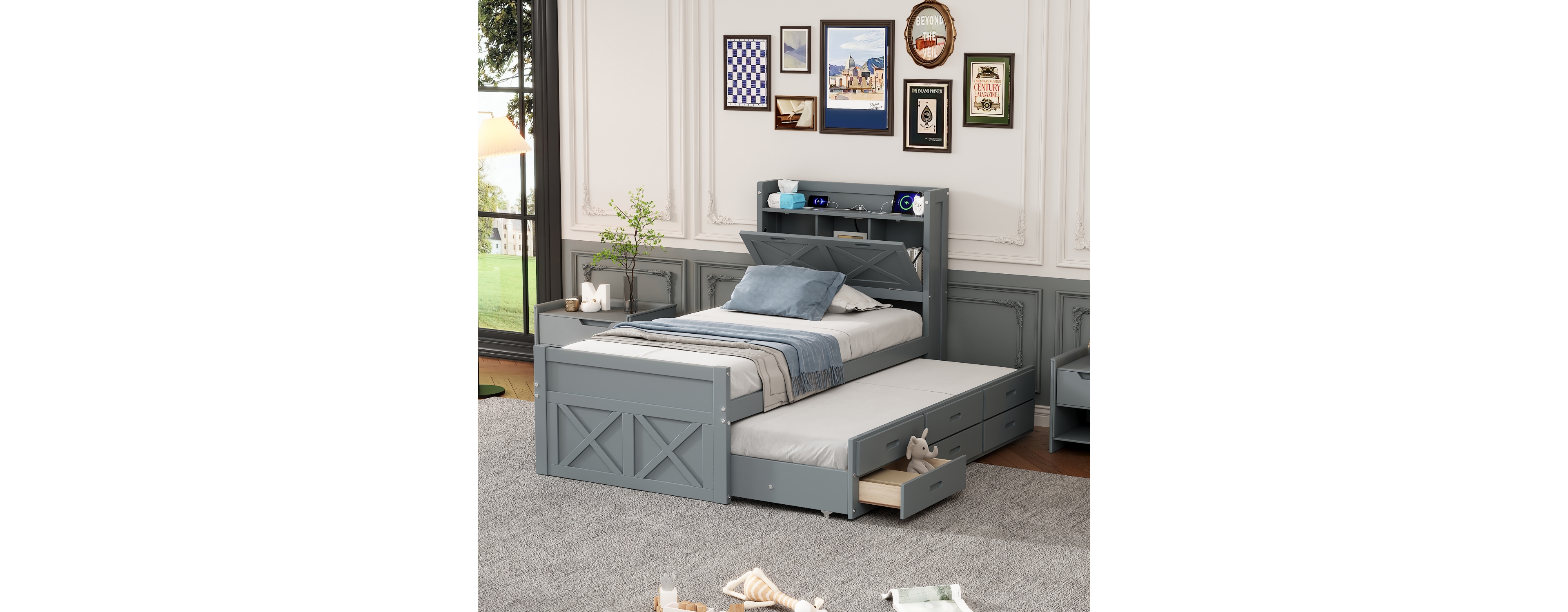 Streamdale Twin Bed with Storage Headboard and Trundle