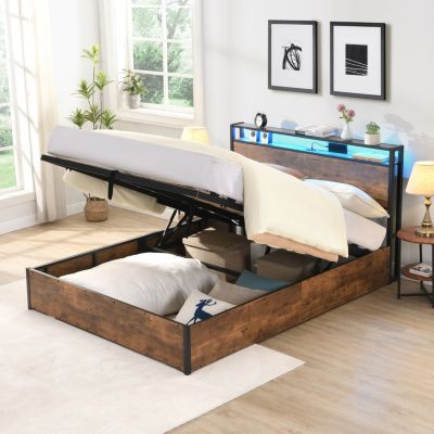 Lift-up Storage Bed Frame with Headboard and Charger