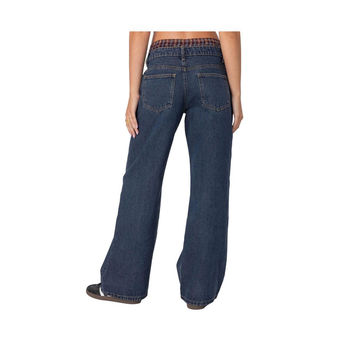 Edikted Women's Plaid Boxer Detail Relaxed Jeans