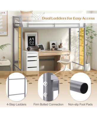 Twin Metal Loft Bed Frame w/ 2 Ladders Full-length Guardrail Space-Saving Silver