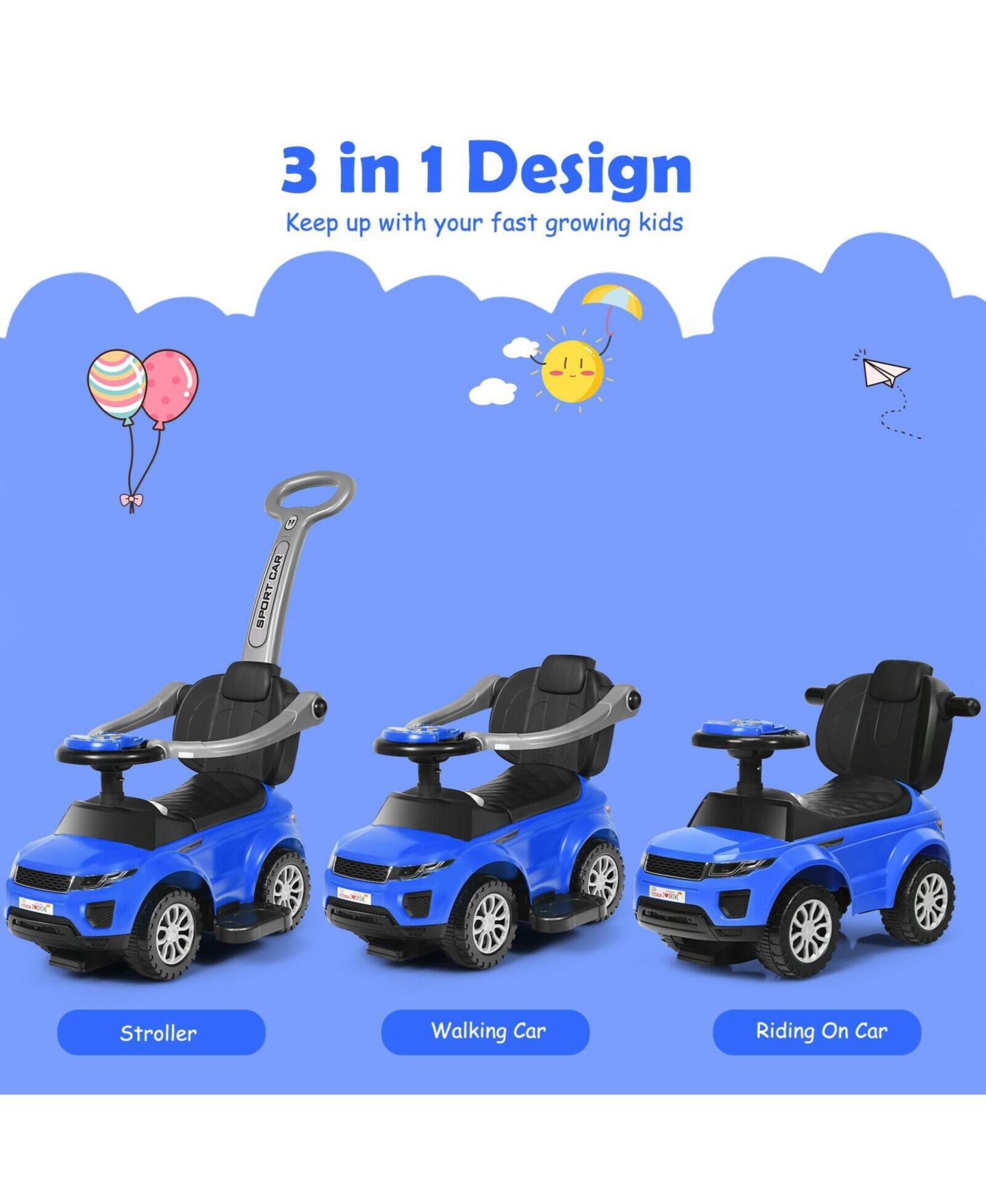 Детская игрушка SUGIFT 3-in-1 Ride-On Push Car with Music, 55 lb. Capacity, Ages 1+, цвет: Тёмно-синий — фото 4