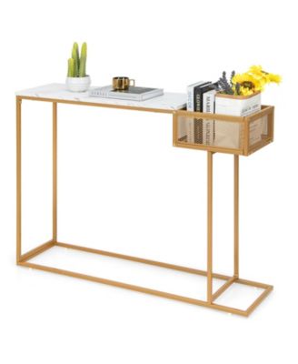 Rectangular White Faux Marble Console Table with Storage-Gold