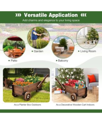 Wooden Wagon Planter Box with Wheels, Handles, and Drainage Hole
