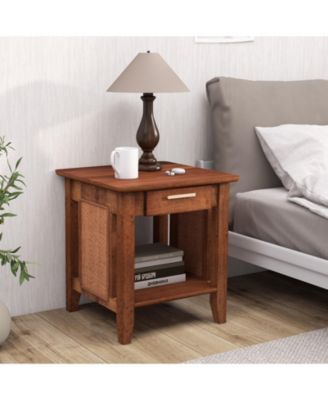 Rattan Nightstand End Table with Drawer and Storage Shelf-Walnut