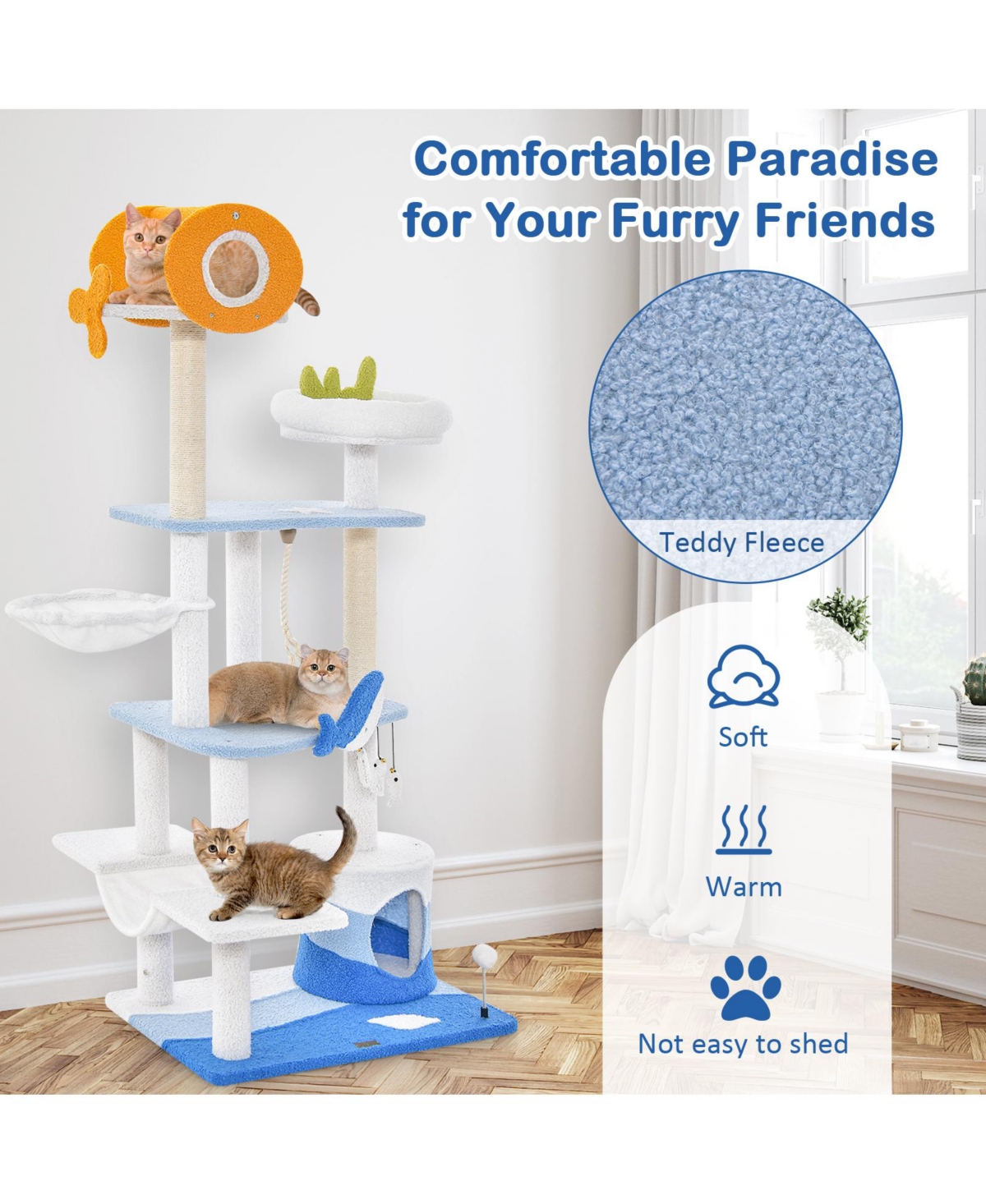 Skonyon Multi-level Ocean-themed Cat Tree Tower with Sisal Covered Scratching Posts- Blue