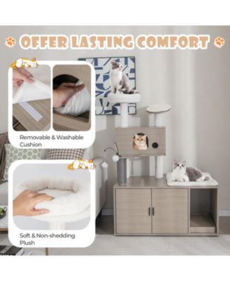 2-in-1 Modern Cat Tower with Litter Box Enclosure for Indoor Cars-Gray