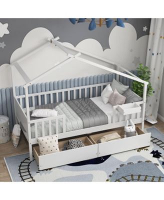 Twin House Bed with 2 Storage Drawers and Roof & Fence Rails-White