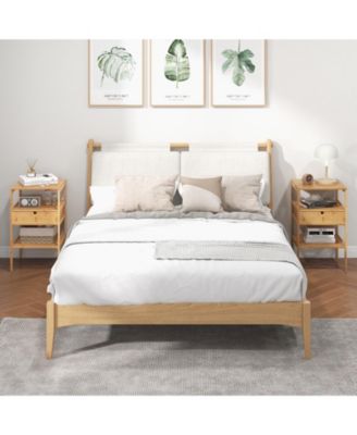 Nightstand Set of 2 Bamboo End Table with 2 Open Shelves and Drawer-Set of 2