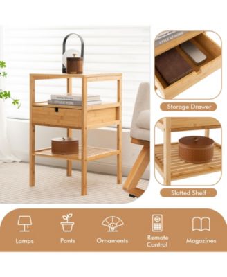 Nightstand Set of 2 Bamboo End Table with 2 Open Shelves and Drawer-Set of 2