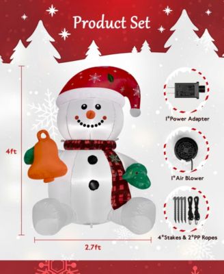 4FT Inflatable Lighted Snowman with Hat and Bell, Christmas Yard Decoration with Built-in LED Lights, Blower, and Stakes