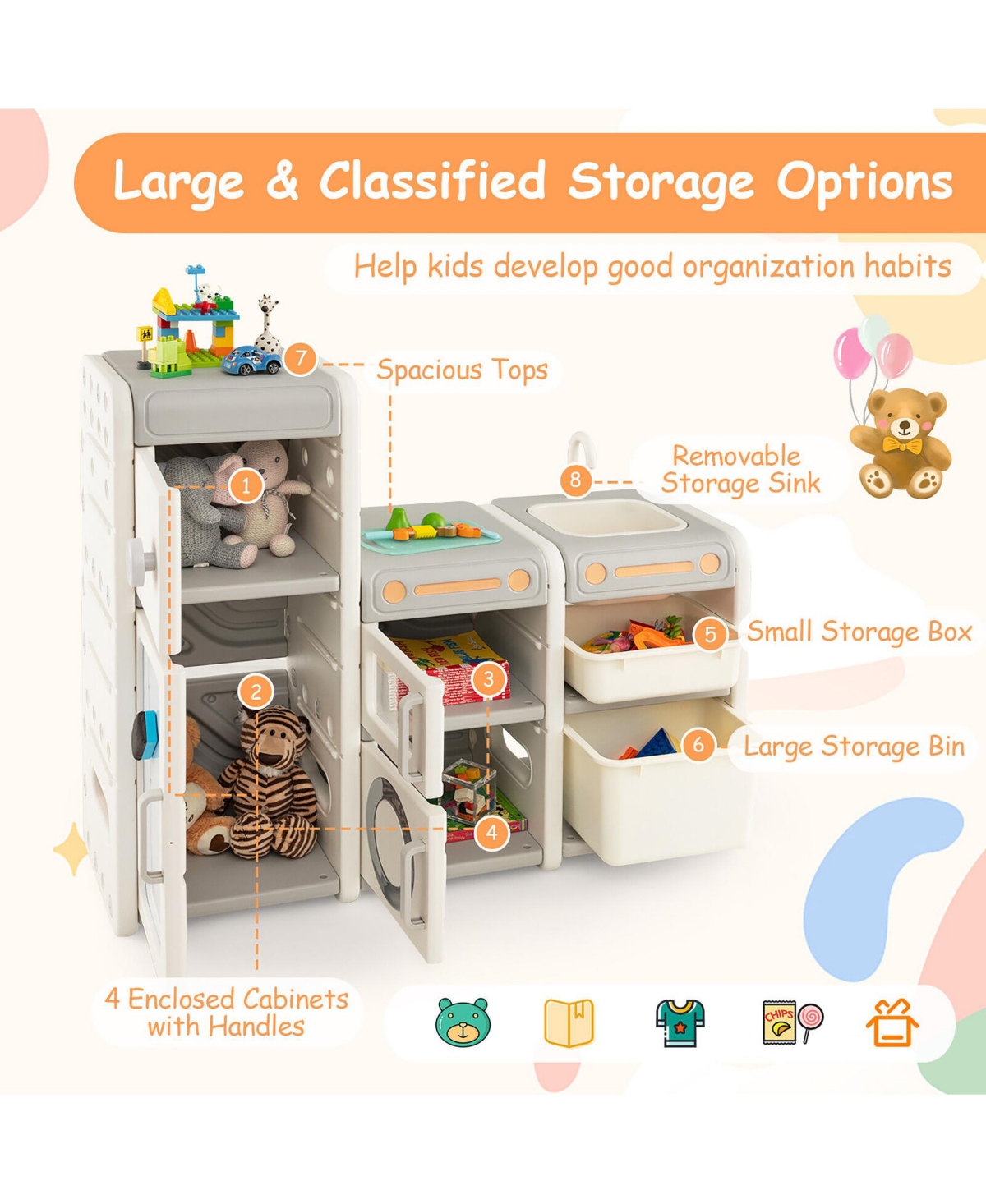 Gymax Kids Toy Storage Organizer Multipurpose Bookshelf w/ Magnetic Whiteboard & Bins - Light beige+grey+white