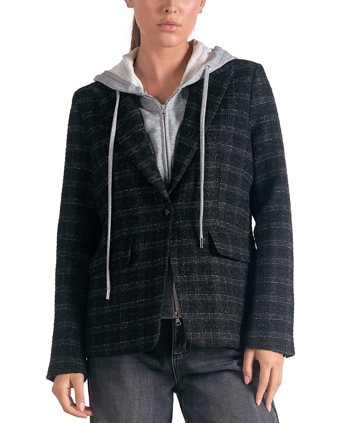 ELAN WOMEN'S PLAID LONG-SLEEVE LAYERED BLAZER HOODIE 