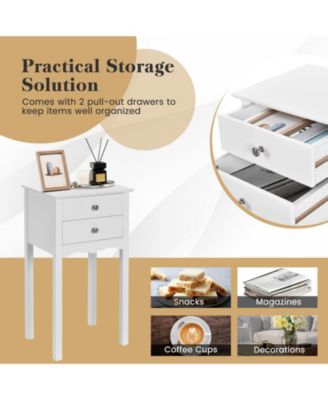 Side Table End Accent Table with 2 Drawers-White