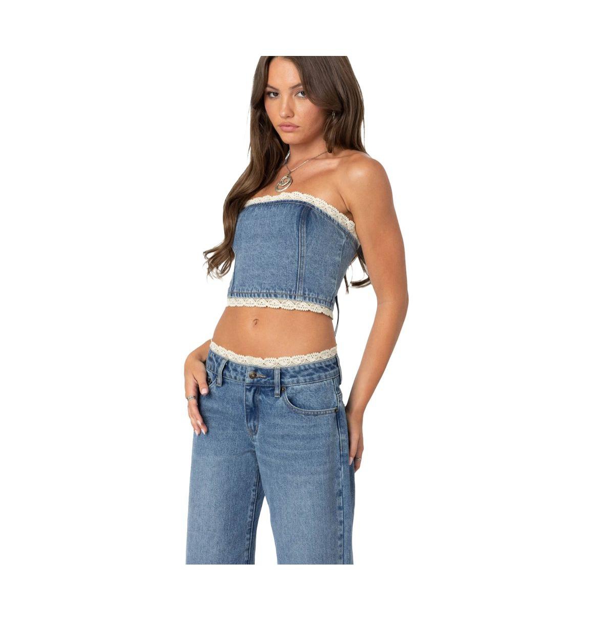 Edikted Women's Karlie Lace Trim Denim Tube Top