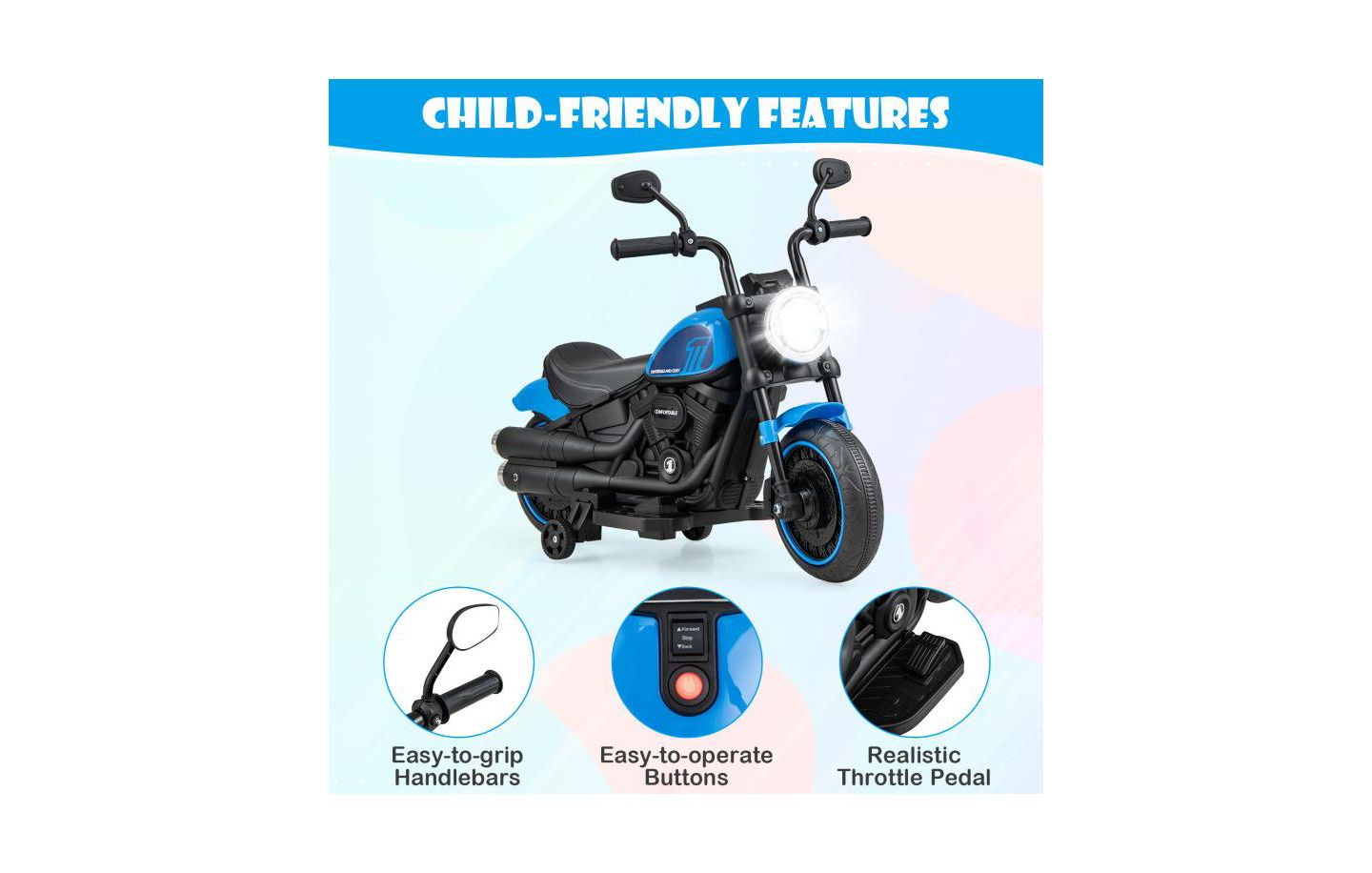 Детская игрушка VEBREDA Kids Electric Motorcycle with Training Wheels, Ages 3+, цвет: Синий — фото 7