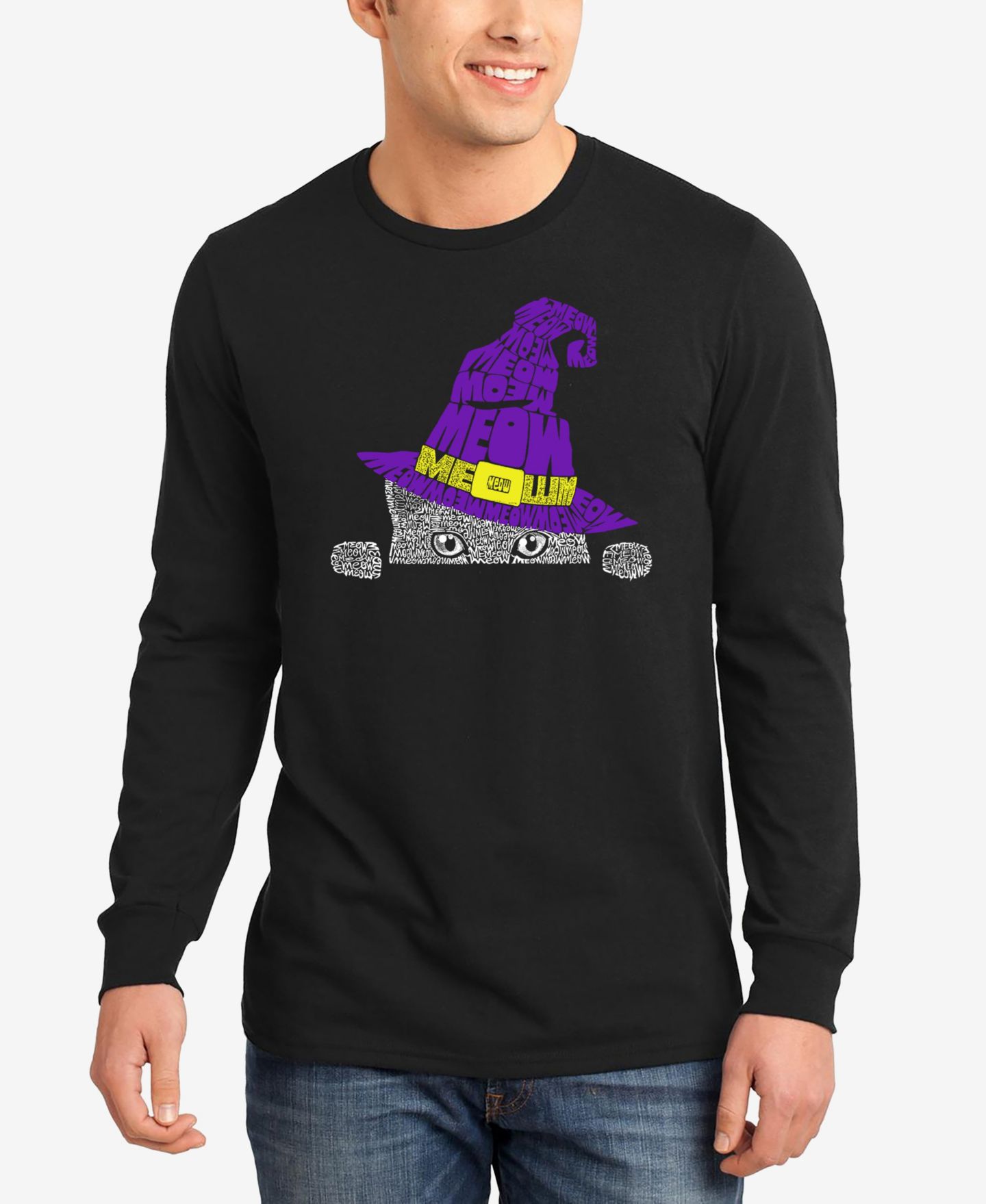 Мужская футболка LA Pop Art Peeking Witch Cat Word Art Long Sleeve, цвет: Чёрный — фото 1