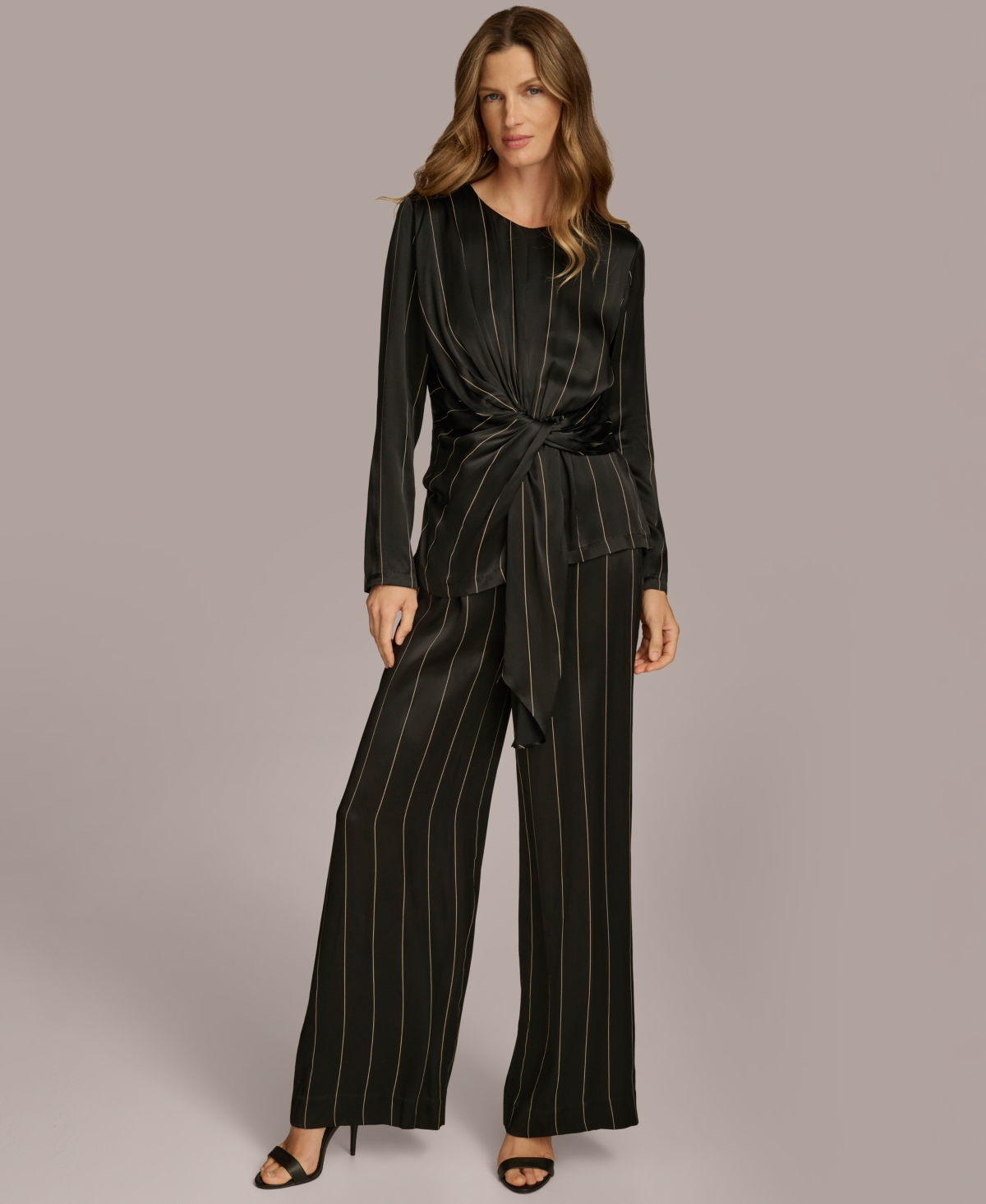 Donna Karan New York Women's Pinstripe Satin Tie-Front Blouse -Ivory