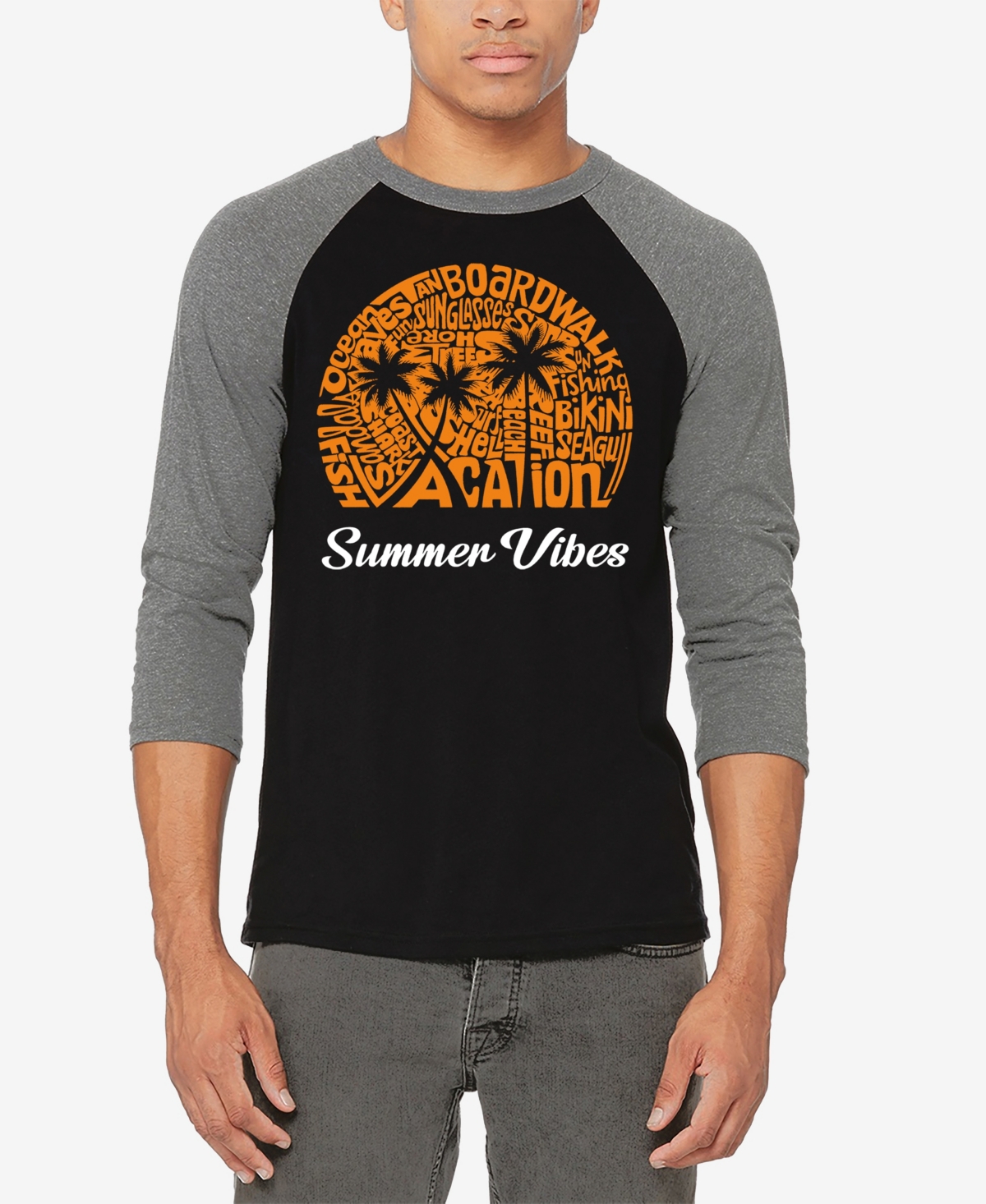 Shop La Pop Art Men's Summer Vibes Raglan Baseball Word Art T-shirt In Grey,black