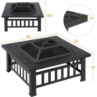 32'' Outdoor Square Fire Pit with Cover & Poker