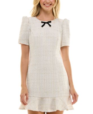 Juniors' Puff-Sleeve Ruffle Hem A-Line Tweed Dress