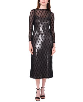 CeCe Women's Lace-Over-Metallic Long-Sleeve Midi Dress - Macy's