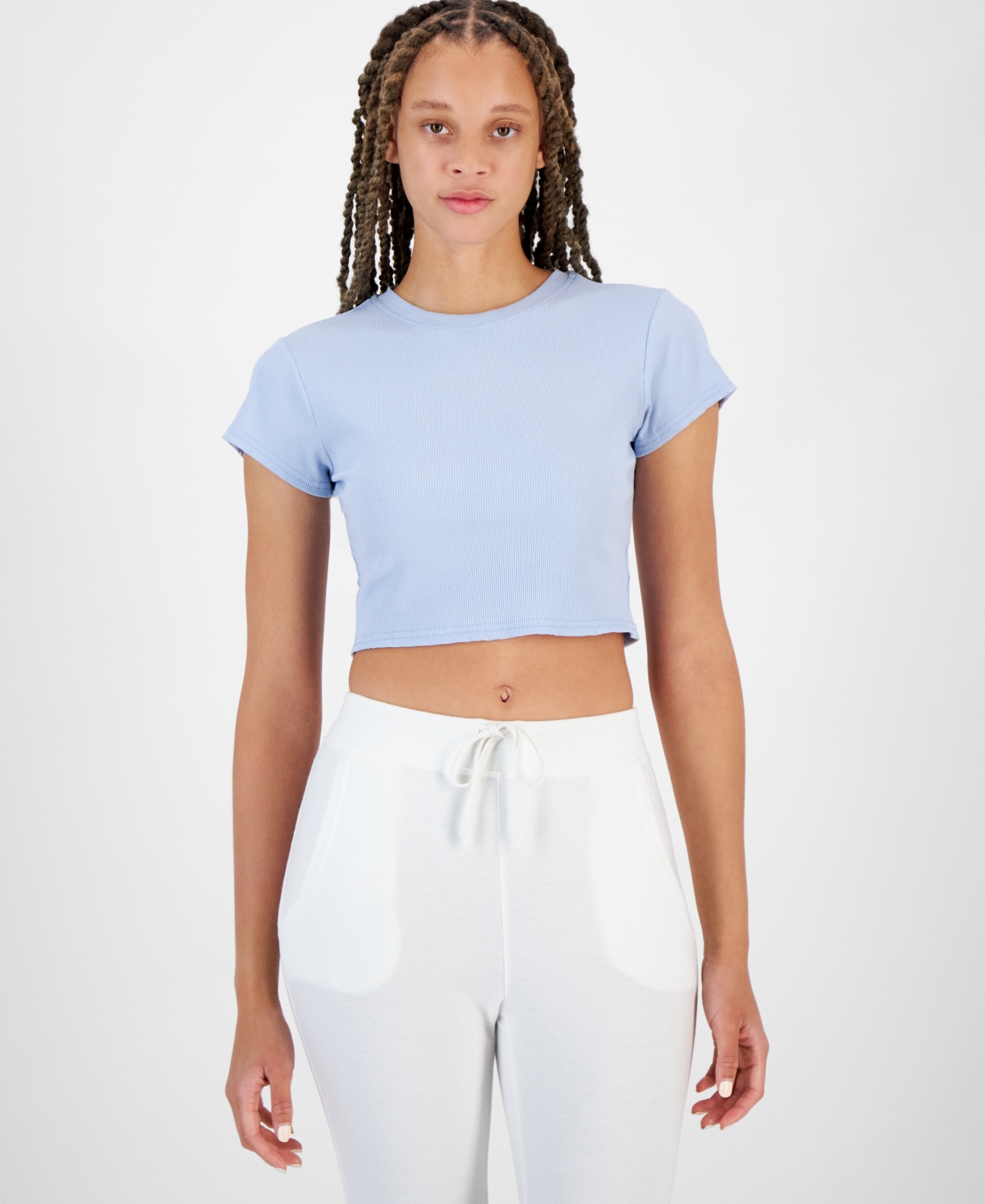 Women's Cropped Rib-Knit T-Shirt, Created for Macy's - Light Blue