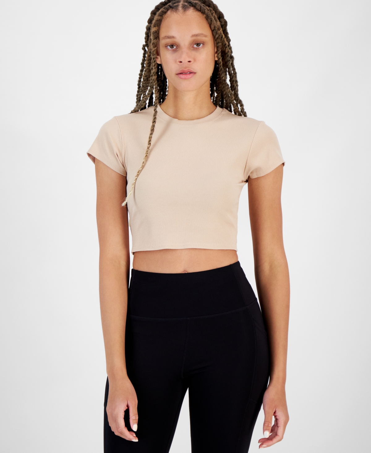 Women's Cropped Rib-Knit T-Shirt, Created for Macy's - Tan Sand
