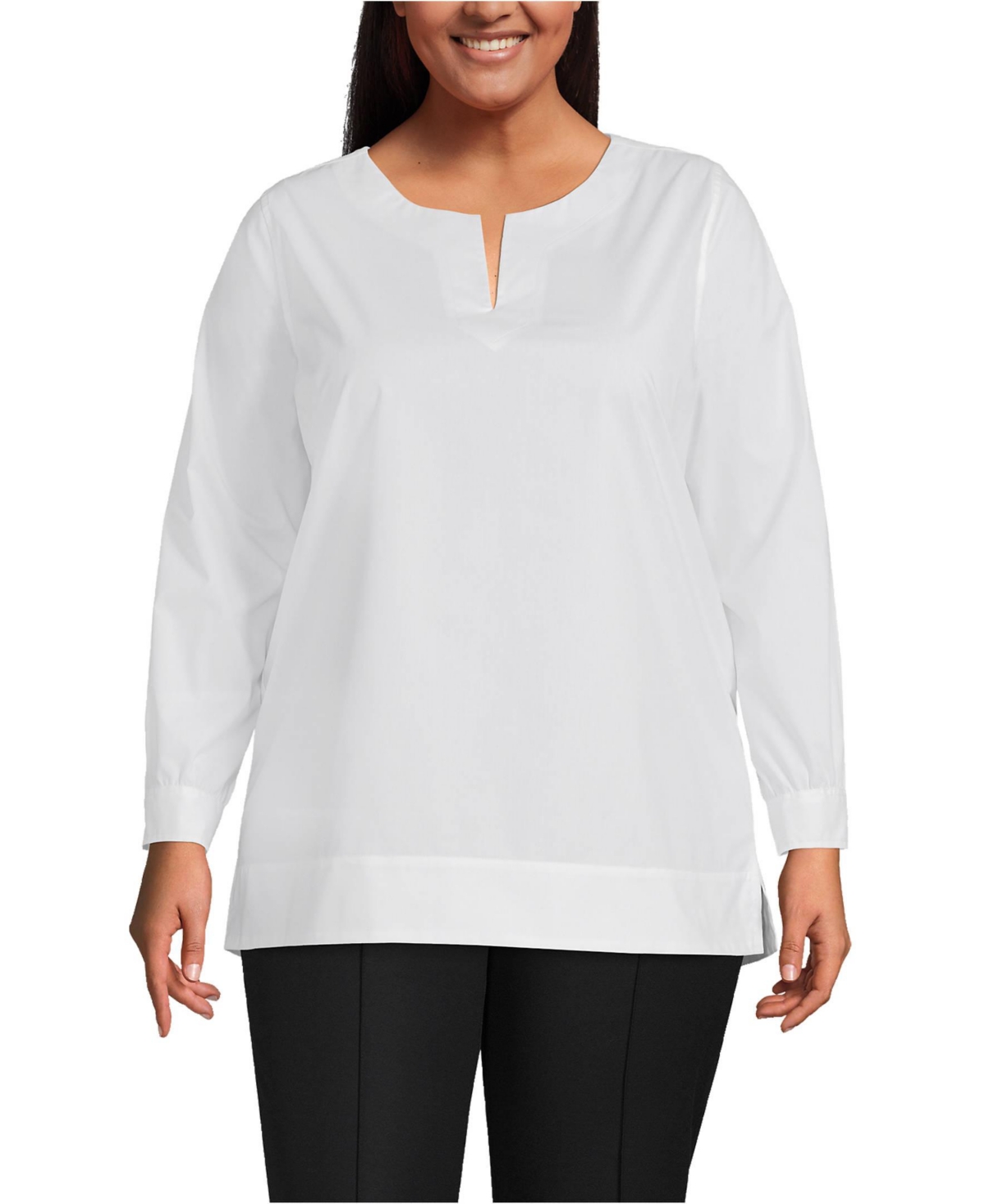 Lands' End Plus Size Stretch Broadcloth Long Sleeve Split Neck Tunic