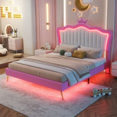 LED Upholstered Princess Bed with Crown Headboard